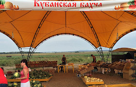 Продуктовый рынок в поле под шатром с растяжкой «Кубанская бахча»